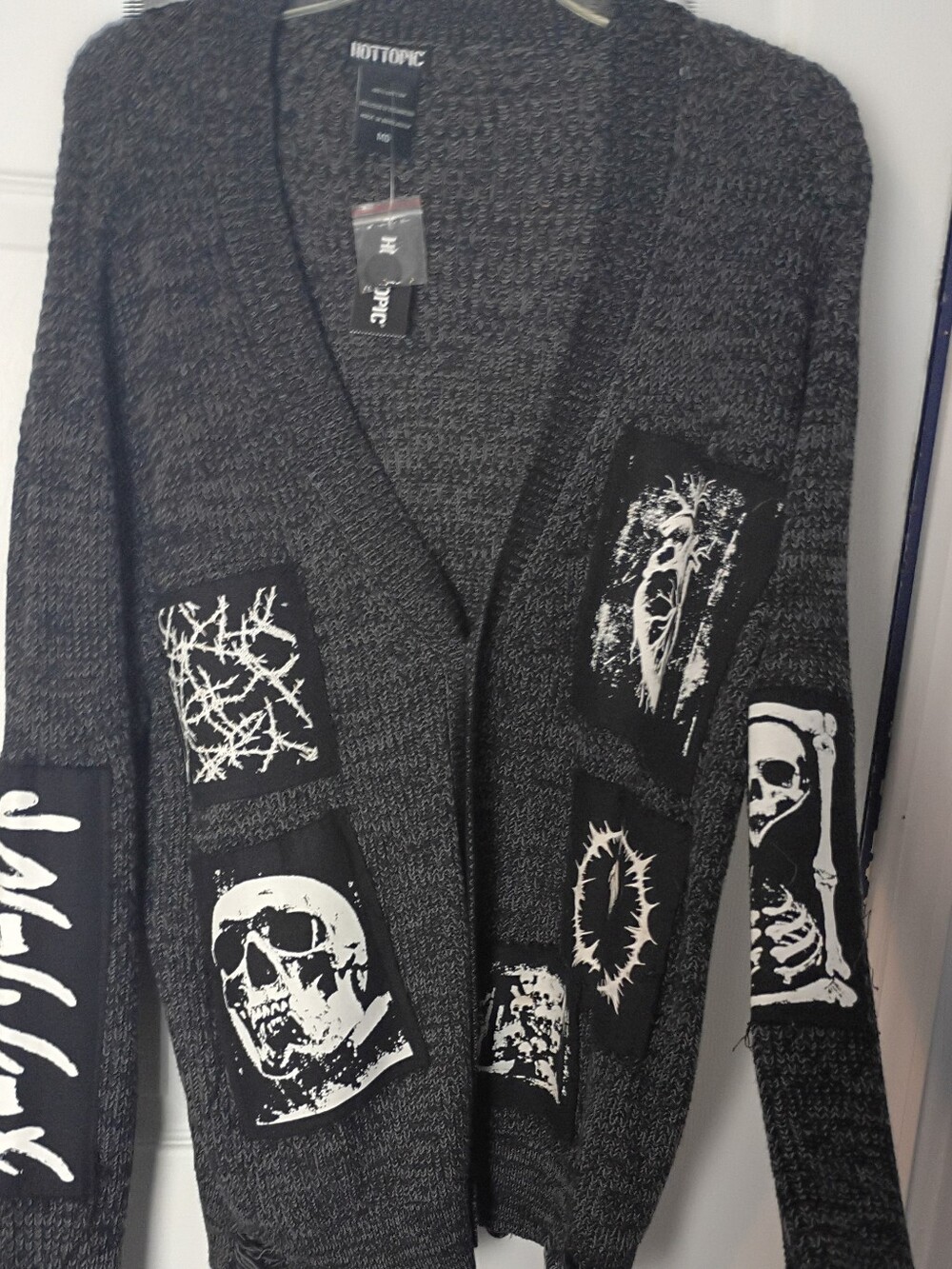 NWT Hot Topic Skull Heart patch destructed cardigan sweater M